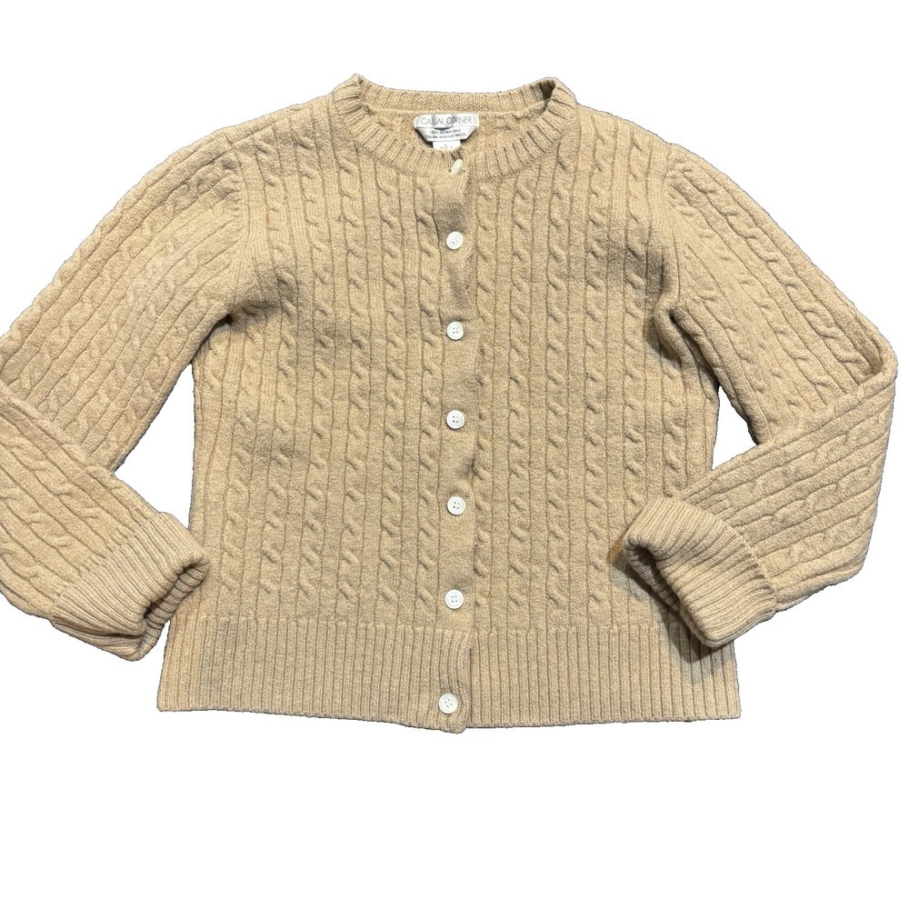 Casual Corner Italian Merino Wool Womens Cardigan Large Runs Small Cable Knit